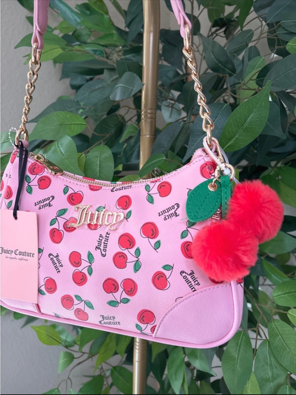 Juicy Couture Cherry Girl Pink Cherry Print Shoulder Bag with Pom Pom